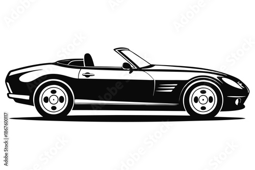 Vector illustration of a convertible car silhouette in monochrome, isolated on white, conveying a sense of speed and adventure.