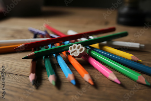 Vibrant colored pencils scattered on wooden desk with creative paw shaped eraser