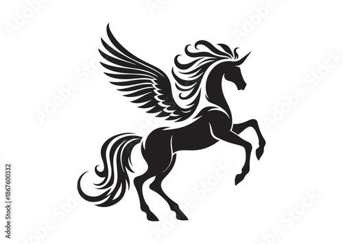 pegasus logo silhouette vector, horse with wings logo design icon vector illustration, magical fantasy horse vector silhouette, pegasus fly horse logo vector silhouette on white background