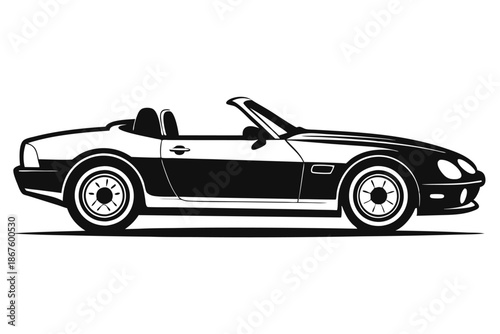 A stylized black silhouette of a convertible, presented on a clean white background, representing automotive heritage and aspiration.