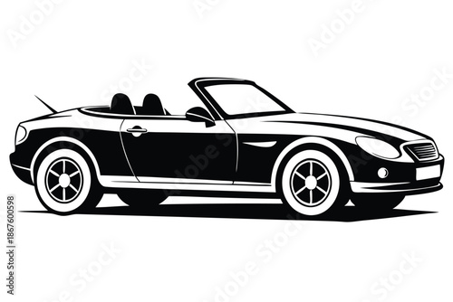 Monochromatic convertible silhouette, a striking black shape on white, perfect for conveying motion, travel, and classic automotive themes.