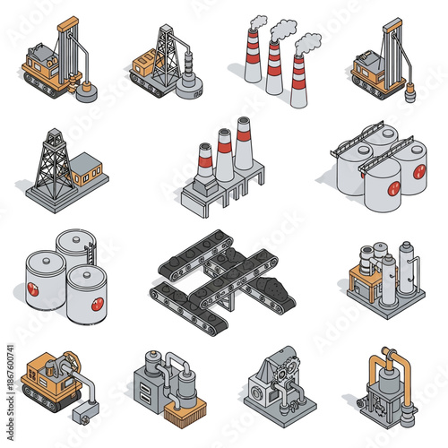 Industrial Equipment Icons Set for Manufacturing Processes.