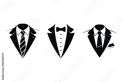 Black suit jacket icons with tie bow tie and pocket square