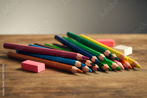 Vibrant colored pencils and erasers on wooden desk for creative art projects