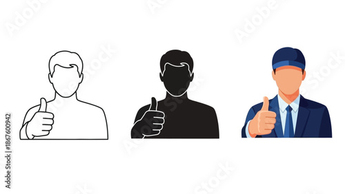 Collection of three male figures showing various graphic styles including line art silhouette and full color portrait giving a thumbs up gesture of approval