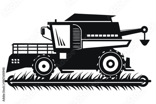 Powerful combine harvester silhouette, agricultural machinery icon, black and white vector art, isolated on white.