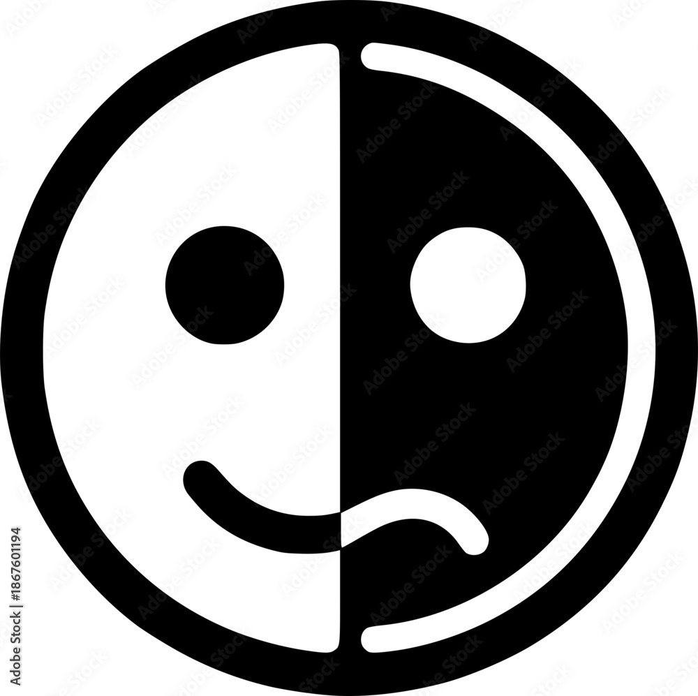 Obraz premium Duality of Emotion: An emblematic illustration depicting the contrasting states of joy and sadness, divided into halves to symbolize the spectrum of human emotion.