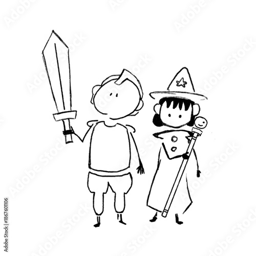 Foto Hand drawn cute knight and wizard characters, minimalist doodle line art, isolated on transparent background