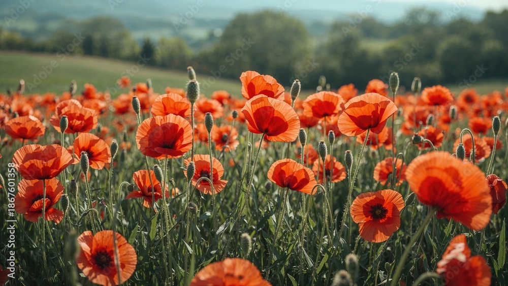 Obraz premium A field of orange poppies in bloom with a scenic rural landscape in the background.