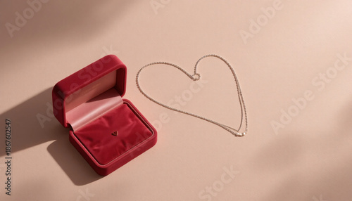 Red velvet jewelry box with open lid and heart shaped necklace on beige background with engagement