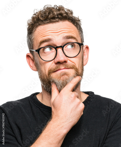 Contemplative man thinking portrait bright environment perspective, isolated on transparent background, png