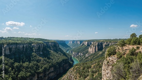 Aerial view of a canyon with cliffs, lush greenery, and a river flowing through, under a blue sky with scattered clouds.