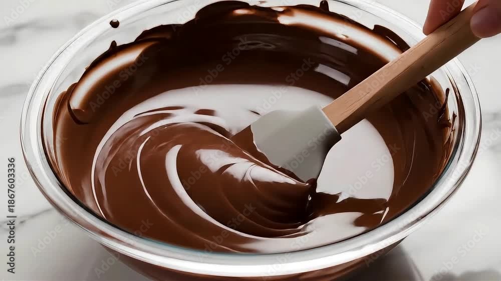 custom made wallpaper toronto digitalClose up of melted dark chocolate being stirred in a glass bowl with a spatula on a marble table for baking dessert