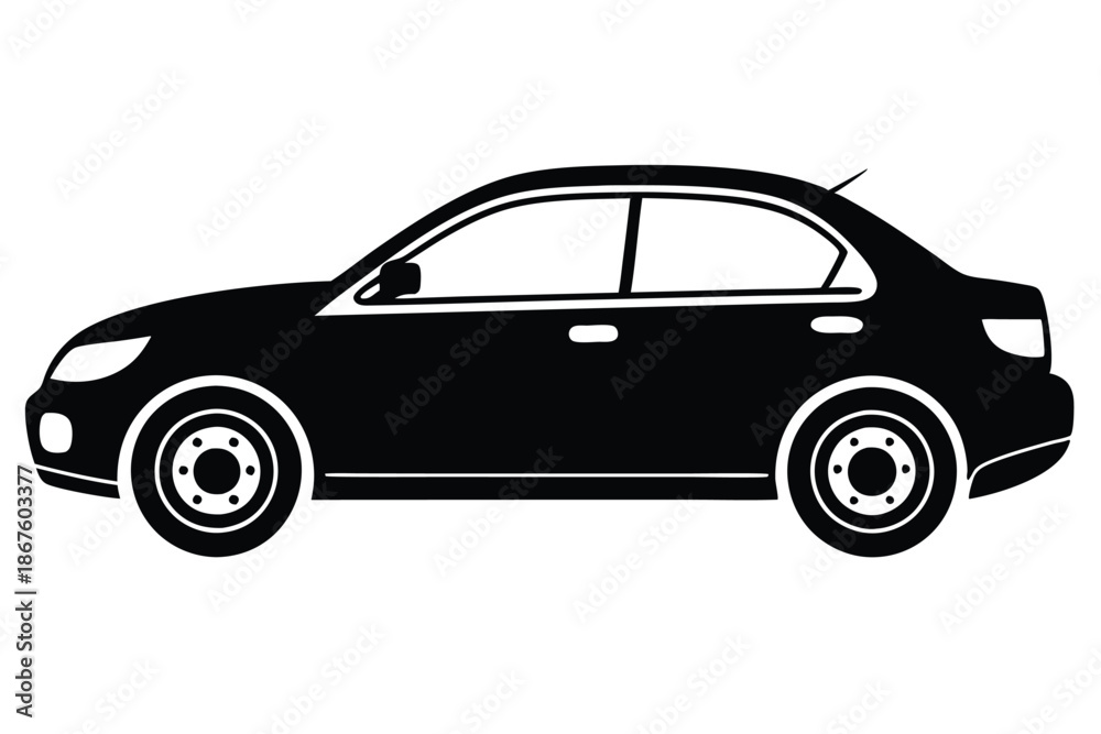 Fototapeta premium Single black car vector graphic, clean silhouette on a white isolated background