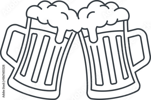 Two beer mugs clinking together with foamy tops in a celebratory toast