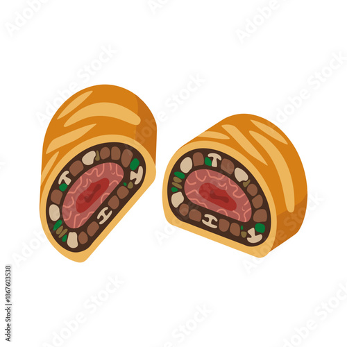 Traditional beef wellington slices vector illustration with golden pastry crust and mushroom duxelles