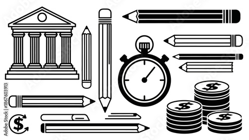 Business Finance and Time Management Line Art Elements