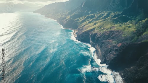 Exploring the breathtaking Na Pali coastline in Kauai with stunning views from above, Aerial Na Pali coastline Kauai hiking Kalalau Hawaii