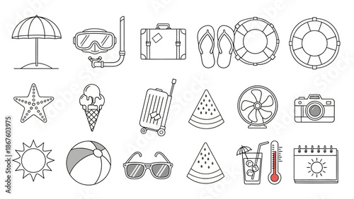 Summer Vacation and Beach Travel Line Art Icons Set