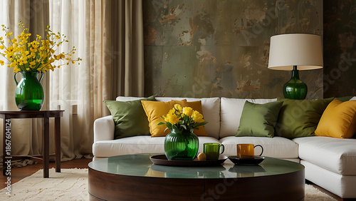 Modern Living Room Interior Design with White Sectional Sofa, Green and Gold Pillows, Green Glass Vases with Yellow Flowers, and a Large Round Coffee Table Against a Textured Green Feature Wall Decor.