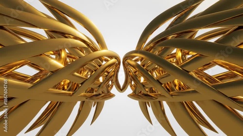 Wallpaper Mural Abstract motion graphic featuring interlocking geometric patterns inspired by wing shapes pulsing with metallic gold lines across a pristine white void connection, corporate, modern Torontodigital.ca