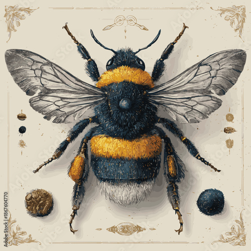 Create a close up of a Bumble-bee vintage hand drawn vector illustration set