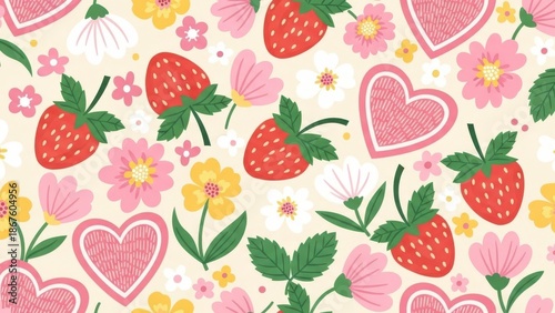 A delightful pattern showcasing vibrant strawberries delicate flowers and charming hearts on a soft background
