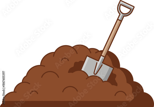 A shovel stuck in a pile of dirt gardening tools and earth