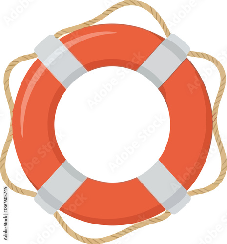 A bright orange life preserver with a white center and rope detailing