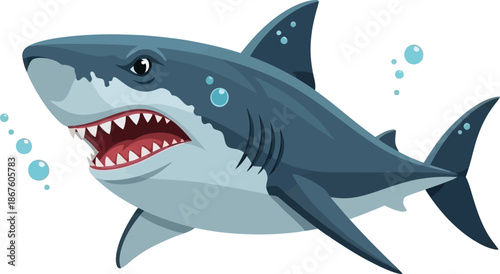 Cartoon illustration of a great white shark swimming in a blue environment