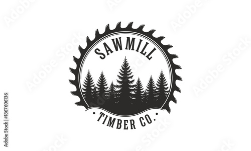 Sawmill Timber Co. Logo with Forest and Saw Blade Design.
