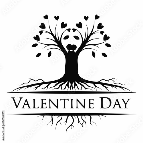 Valentine Day tree with hearts and roots on white background