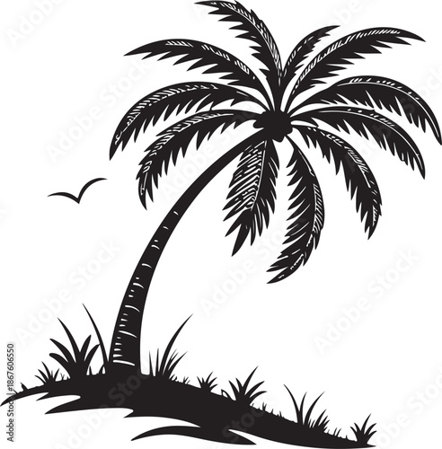 Modern tropical palm tree silhouette vector in solid black with symmetrical fronds refined trunk minimalist flat design premium illustration