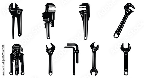 A collection of various black and white wrench tools displayed in a grid