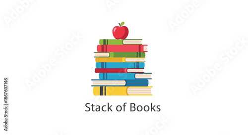 A colorful stack of books with a red apple perched on top