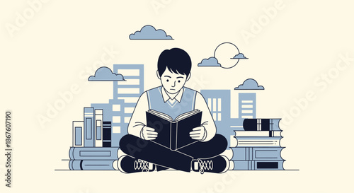 A young person sits reading a book amidst stacks of books and clouds