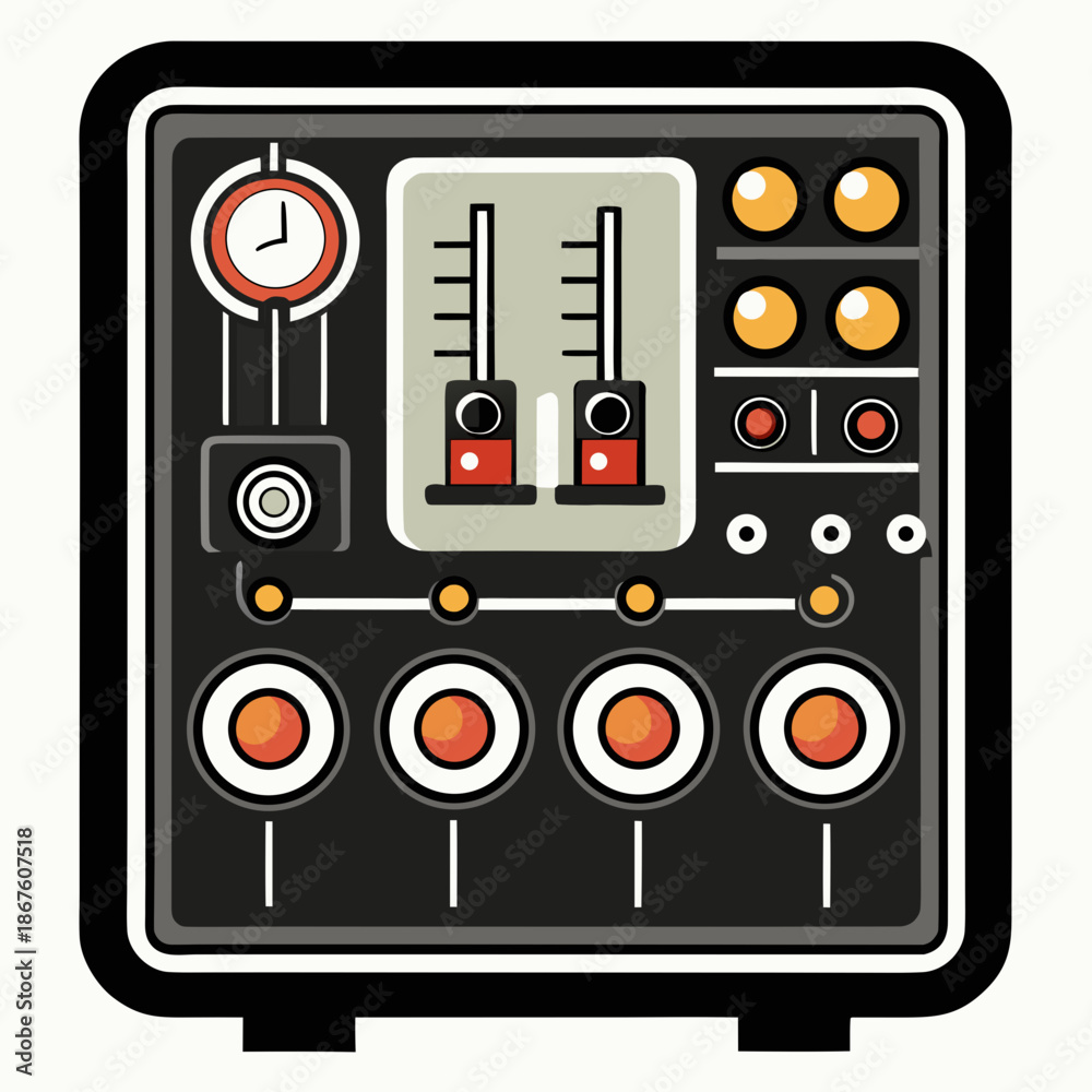 Fototapeta premium Title: A detailed of a vintage electronic control panel with multiple buttons switches and dials