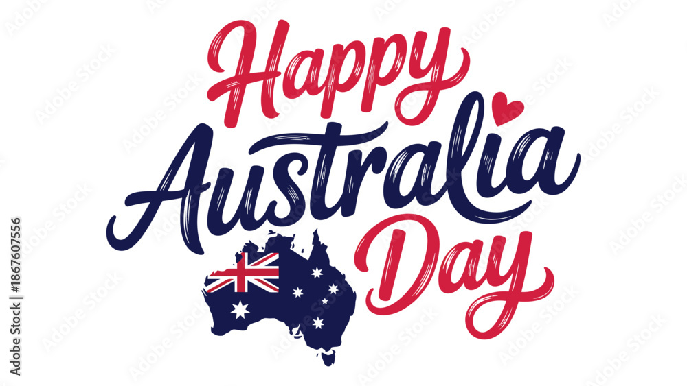 Naklejka premium happy australia day typography design with australian flag and map silhouette patriotic national holiday celebration january 26