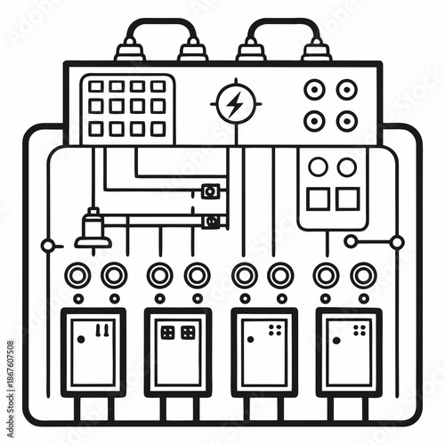 Title: A detailed of a vintage electronic control panel with multiple buttons switches and dials