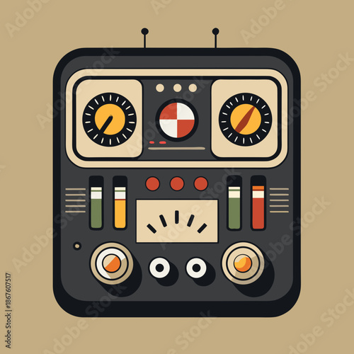Title: A detailed of a vintage electronic control panel with multiple buttons switches and dials