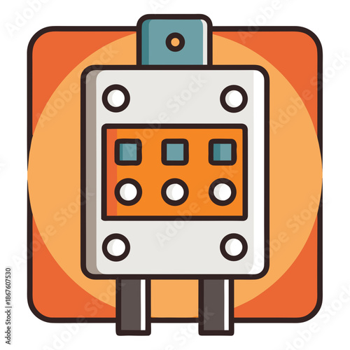 Title: A flat of an orange and white vintage camera with a blue lens and control buttons