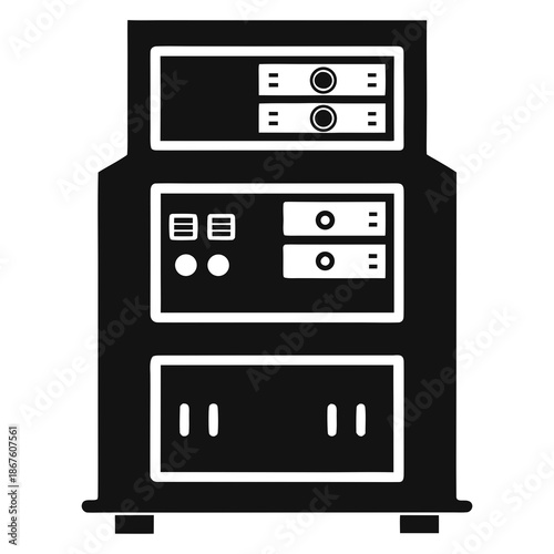 Title: A vintage-style server rack with servers and ports on a white background
