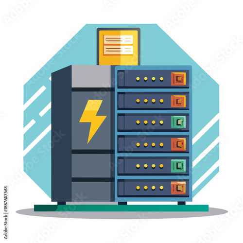 Title: A modern server rack with multiple servers and a monitor displaying a document on a white