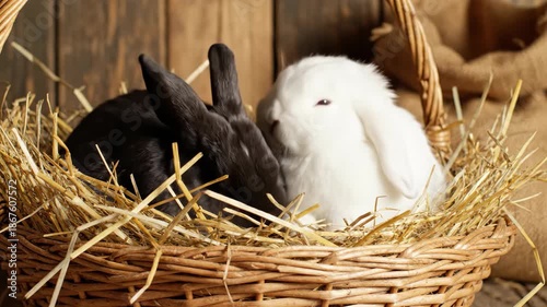 Two adorable Easter bunnies, one black and one white, cuddling in a rustic basket. A fluffy pair of rabbits snuggling in hay. Spring holiday celebration
