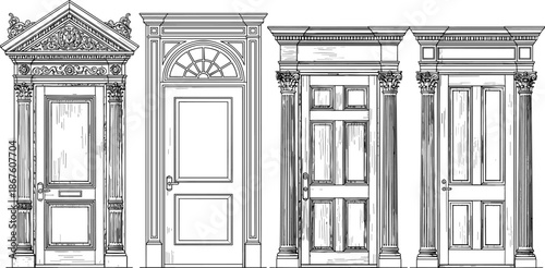 Classical door icon set, black and white architectural illustration, Corinthian column, pediment, fanlight, panel design, vintage entrance, historical building facade