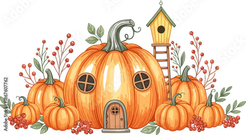 Autumn pumpkin house illustration, cozy fall cottage, fairy tale pumpkin home, seasonal harvest decor, whimsical birdhouse, red berries, rustic ladder, children’s story art