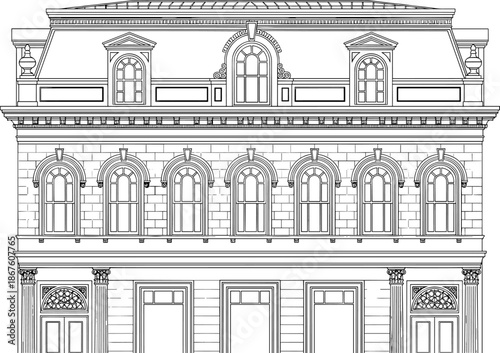 Classical building facade drawing, ornate architecture sketch, historical elevation design, Corinthian columns, arched windows, mansard roof, 19th century style, urban planning illustration