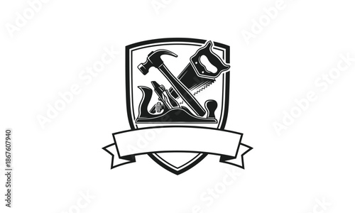 Woodworking tools emblem with hammer saw and plane in a shield design.
