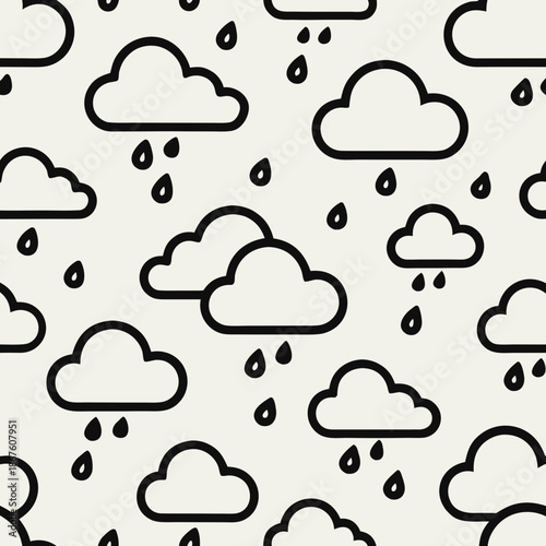 Title: A black and white of a repeating pattern of rain clouds with raindrops on a white background