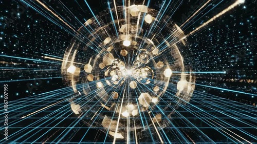 Wallpaper Mural Abstract motion graphic loop featuring glowing geometric data structures and moving digital grids representing complex engineering calculations science, coding, structures Torontodigital.ca